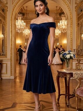 Shoshanna Off-the-Shoulder Navy Velvet Midi Dress size 6